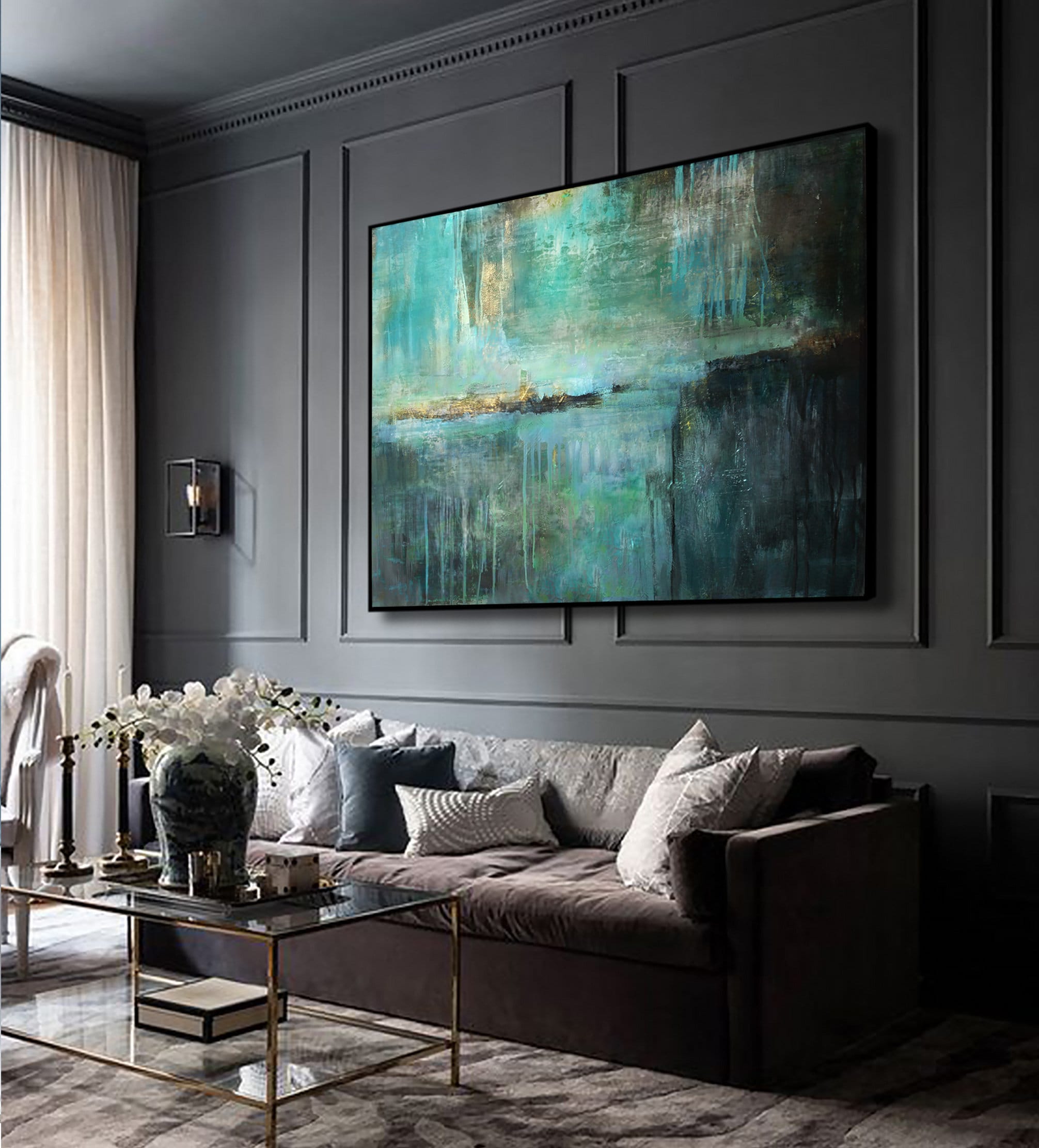 Green Teal Large Original Oil Painting, Abstract Landscape Canvas Wall ...