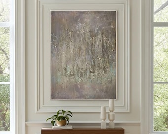 Extra Large Abstract Canvas Painting: Textured Taupe & Gold Wall Art