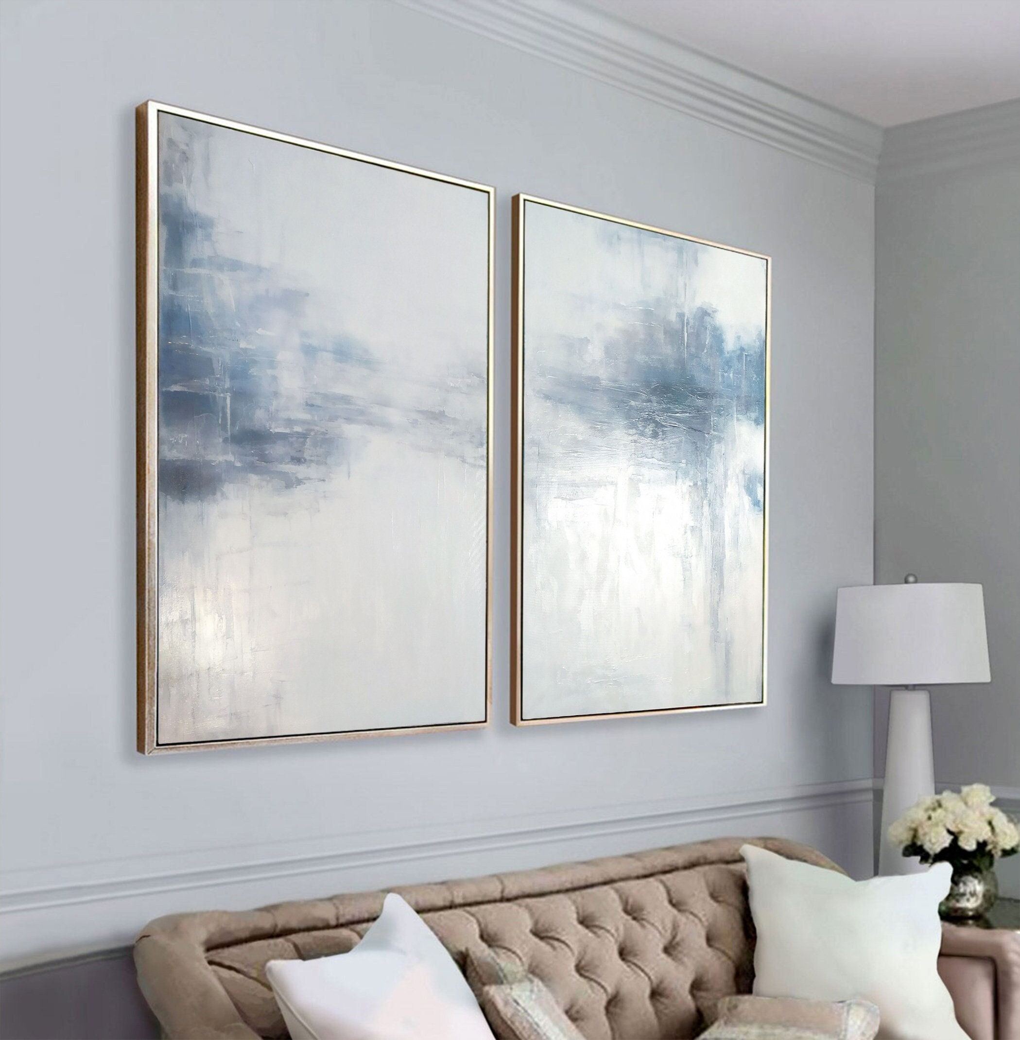 Blue painting set of 2 wall art, original abstract landscape canvas two piece painting