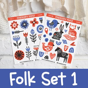 Pegatinas de animales folclóricos / Decorativo / Azul + Rojo / Flores Populares / Estilo Escandinavo / Folk / Planner Stickers / Bujo