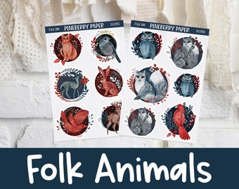 Folk Animals Stickers | Deco | Dark | Florals | Circles | Beautiful Creatures | Planner Stickers | Bujo | Bullet Journal