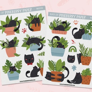 Pegatinas de gato de plantas / Gato negro / Gatito / Plantas de interior / Amante de las plantas / Hoja de pegatinas / Gatito / Mascotas / Planificadores / Bujo / AN0006 / AN0007