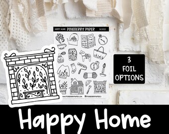 Happy Home Line Art Stickers | Decorative | Aesthetic | Foil | Planner Stickers (Erin Condren, Happy Planner, Hobonichi, Bujo)