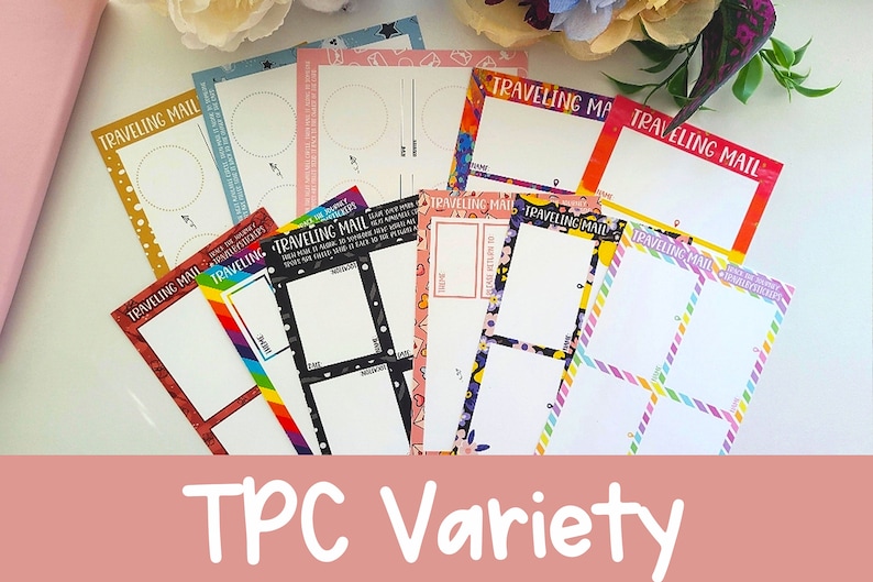 May include: A set of colorful "Traveling Mail" note cards with different designs and layouts. The cards are perfect for journaling, scrapbooking, or adding a personal touch to your mail.