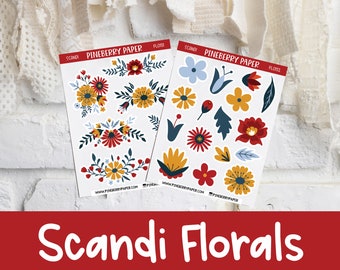 Scandinavian Folk Floral Stickers | Decorative | Aesthetic | Flowers | Nordic | Red & Yellow | Planner Stickers | Bujo |  Bullet Journal