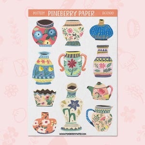 May include: A sticker sheet titled POTTERY PINEBERRY PAPER DC0300 featuring eleven illustrations of ceramic vessels including vases, a teapot, and a pitcher. Each item displays colourful floral patterns, geometric designs, and varied shapes.