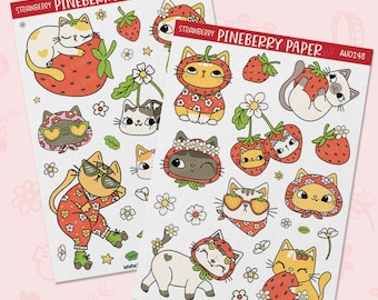 Strawberry Cat Stickers | Water-Resistant Glossy Clear Stickers | AN0247 | AN0248
