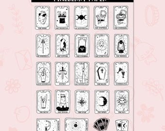 May include: A sheet of tarot card stickers with black line art on a light pink background. The cards feature illustrations and titles like "The Fool," "The Magician," and "The Lovers." The text "TAROT PINEBERRY PAPER" is at the top.