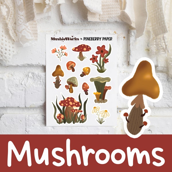 Mushroom Stickers | Mushie Works x Pineberry Paper Collab | Decorative | Fungi | Fall | Mycology | Planner Stickers | Bullet Journal | Bujo