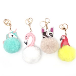 Kunstfell Tier PomPom | Einhorn Schlüsselanhänger | Welpe Geldbörse Accessoire | Flamingo Schlüssel Anhänger |