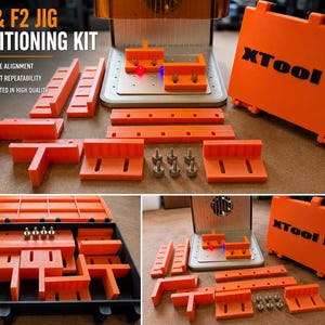 May include: An orange F1 & F2 JIG positioning kit, featuring 3D-printed components like brackets, rails, and screws. The kit is designed for precise alignment and perfect repeatability. The orange case has the text "XTool F2".