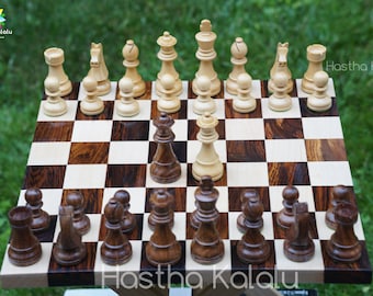 Double Sided Walnut Chess Board with Staunton/Tournament Series Rosewood, German Knight, King 3.75",Chess Set Combo/ Mothers day Gift
