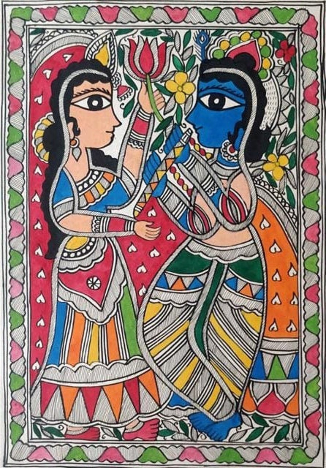 Handmade Mithila or Madhubani Painting of Lovely Radha-krishna - Etsy