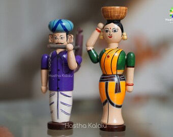 Handmade 6 Inch Tall Farming Couple | Navaratri Golu Dolls | Desi dolls | Golu Bommai | Channapatna dolls | Bommala koluvu