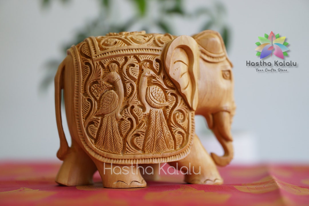 5-inch Tall Indian Hand Carved Wooden Elephant Sculpture Caparison ...