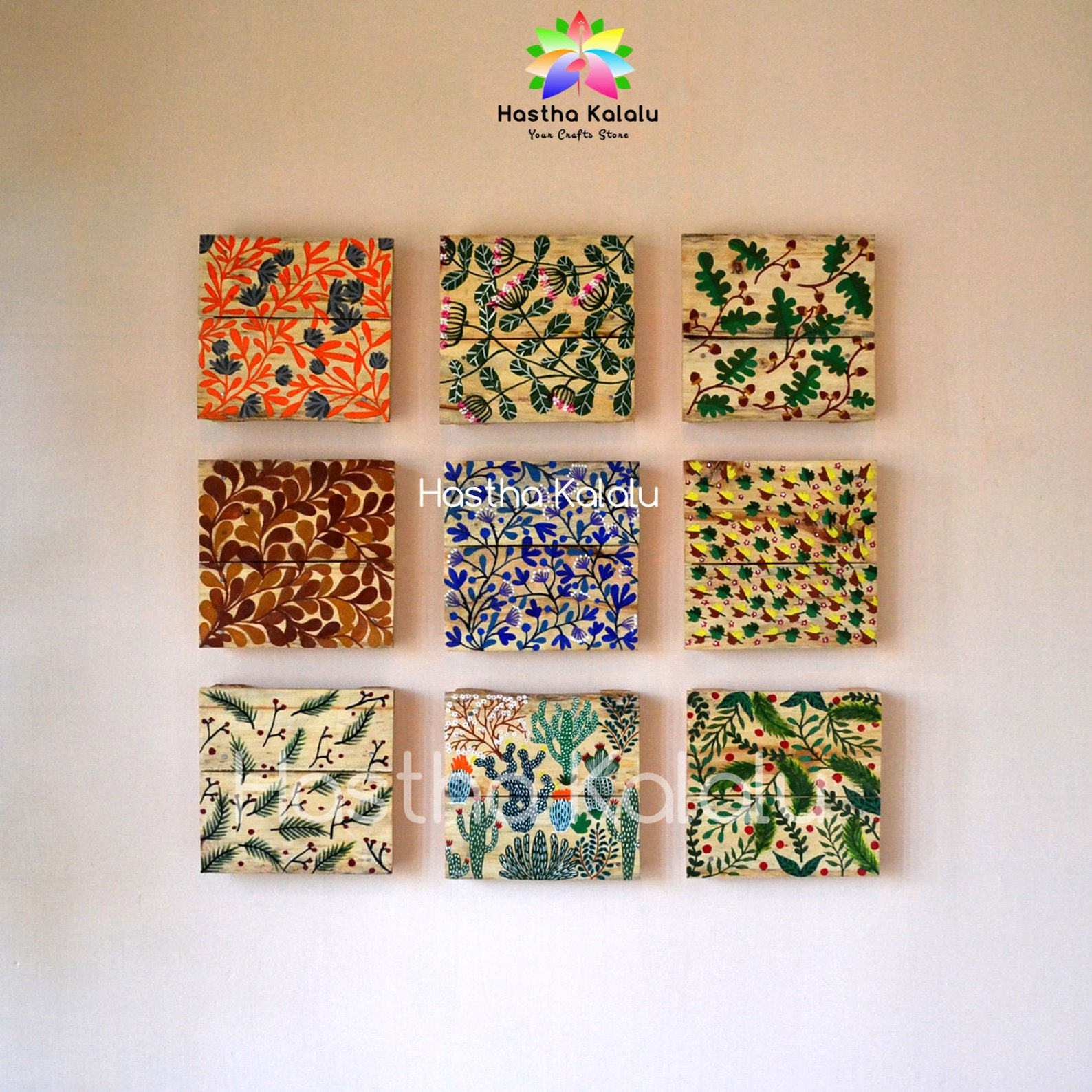 Wooden hand painted wall decor tiles Set of 9 Tribal Art Etsy