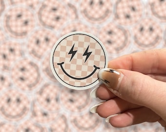 Checkered Smiley Sticker | Kindle Sticker | Book Lover Sticker | Aesthetic Lightning Bolt Sticker | Retro Smiley Sticker | Bookish Accessory