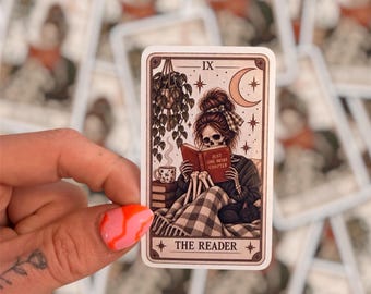 The Reader Tarot Sticker, Spooky Book Lover Gift, Cozy Skeleton Kindle Decor