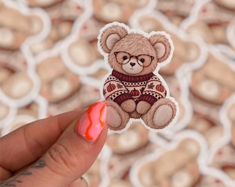 Fall Teddy Bear Sticker, Pumpkin Sweater, Tortoise Glasses, Cozy Reader Gift