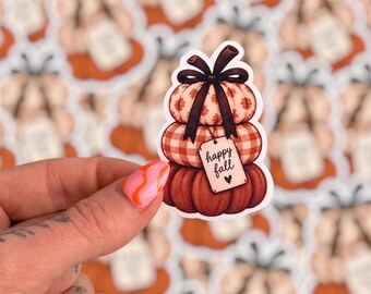Happy Fall Pumpkin Stack Sticker, Gingham Floral Bow, Autumn Kindle Decor