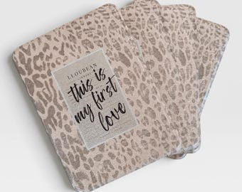 First Love Kindle Case | Neutral Leopard Print, Library Card Design (Flip Cover)