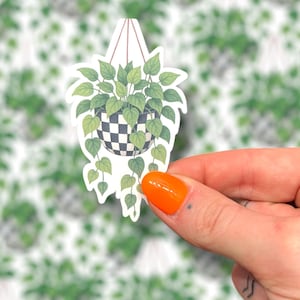 May include: A sticker featuring a hanging plant in a black and white checkered pot. The plant has green leaves and vines, with a brown string for hanging. The background is a pattern of green plants.