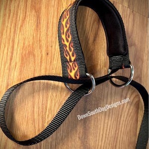 May include: Black dog leash with a flame design on the padded handle. The leash has a black strap with a silver metal ring and the text "DownSouthDogDesigns.com".