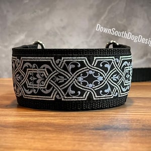 2&quot; Wide French Martingale Slip Lead &quot;Silver on Black&quot;, Martingale Collar, Slip Leash, All-In-One Leash, Sighthound Lead, Whippet Greyhound
