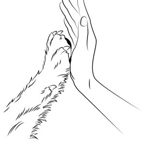 May include: A black and white line drawing of a human hand and a dog paw touching, symbolizing friendship and connection.