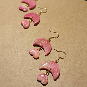 Lunar Love - Polymer Clay Earrings - Faux Rhodochrosite - Pink Moon & Heart