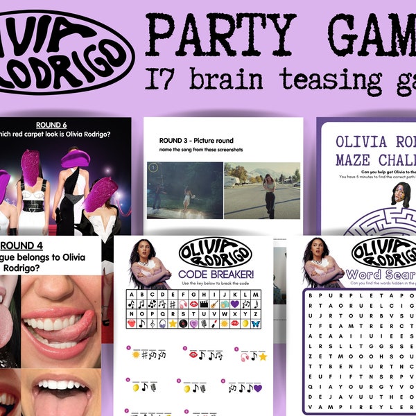 Olivia Rodrigo Themed Party Games, Quiz, Crossword, Code Breakers, Brain Teasers, Picture Games and More - Instant Download Printable
