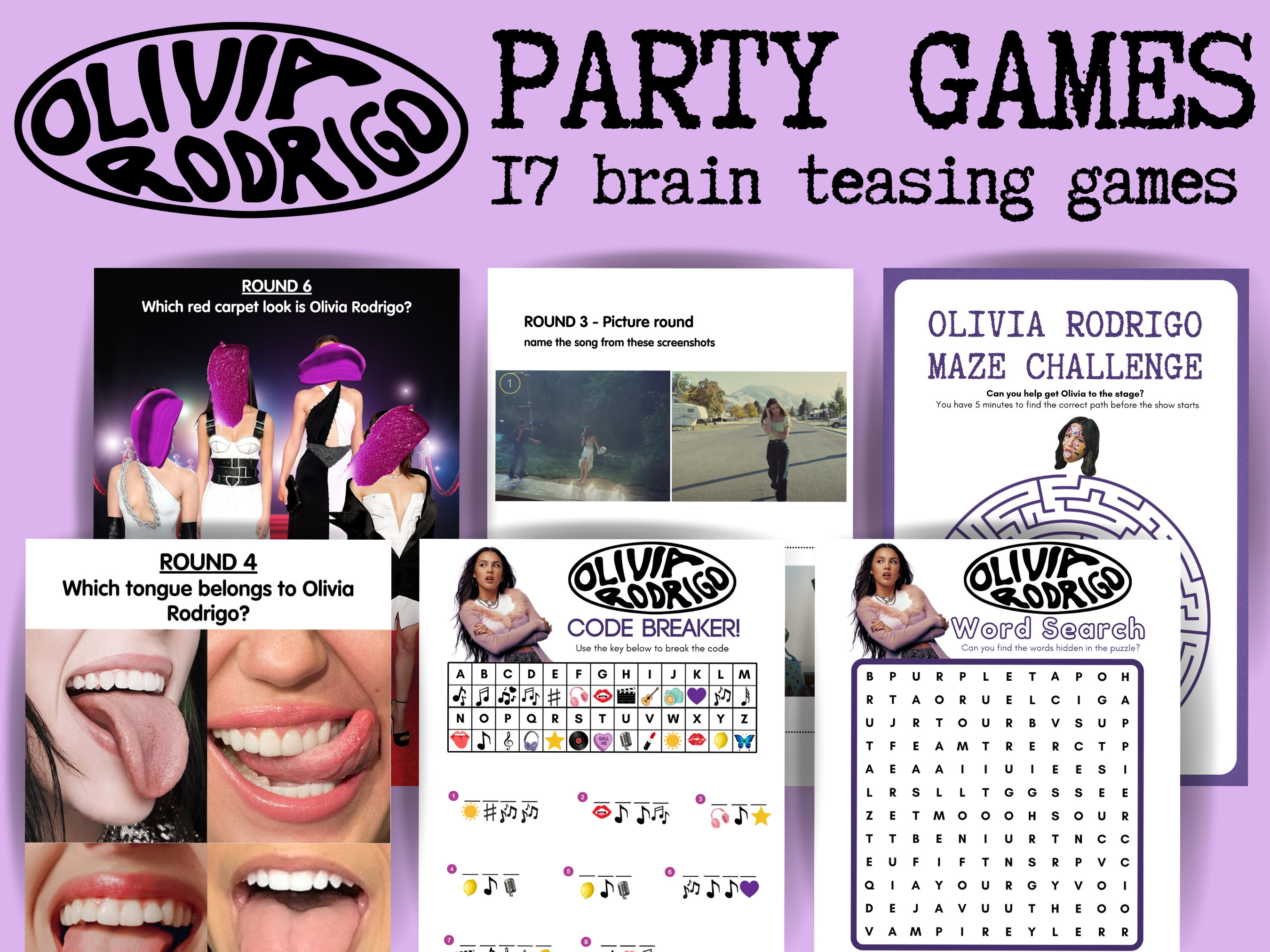 Olivia Rodrigo Themed Party Games, Quiz, Crossword, Code Breakers, Brain  Teasers, Picture Games and More - Instant Download Printable - Etsy