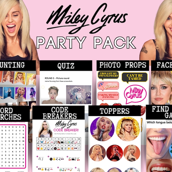 Miley Cyrus Party Pack Bundle, Printable Decorations, Bunting, Quiz and Games | Instant Digital download