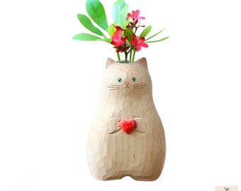 Wooden Cat Vase for Flowers, Hydroponic Vase, Figurine Vase Decor, Plant Cuttings Propagation Station, Cat Carved Wood Vase, Tiny Bud Vase