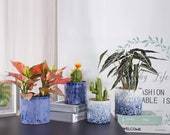 Set of 2 - BLUE WHITE Marble Style Ceramic Planter Pots Planters Plants Basket Vase Indoor Outdoor Garden Boho Bohemian 4.5 5.5 inches