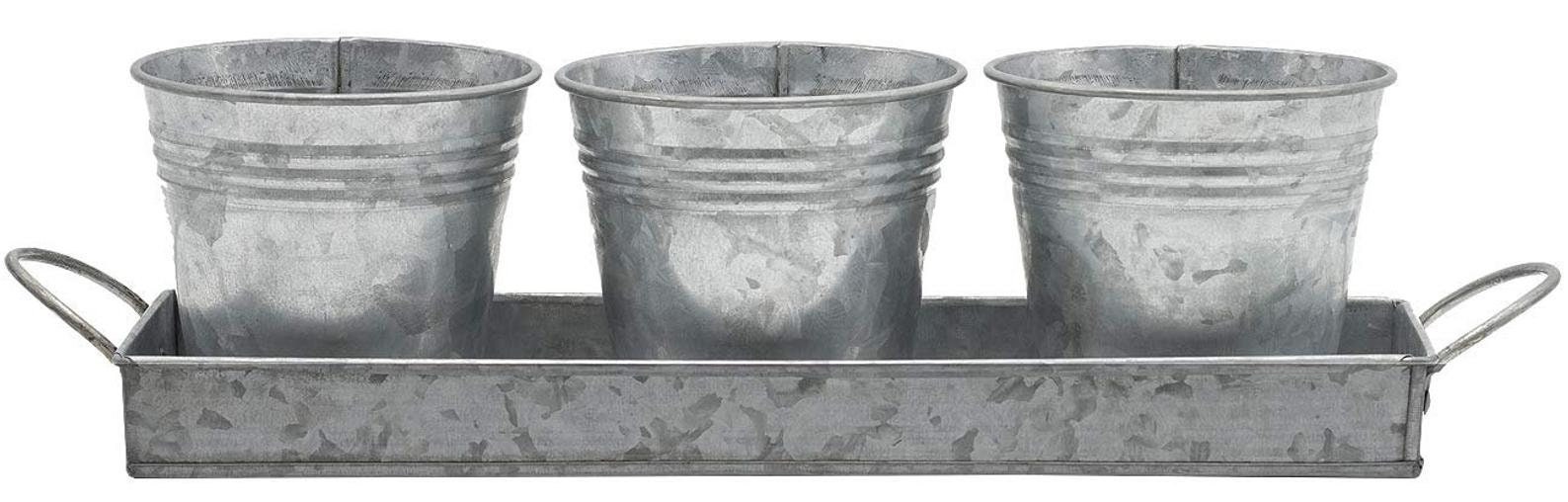 Set of 3 Galvanized Metal Wall Buckets with Caddy Tray