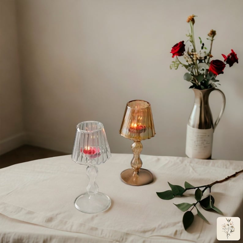 Retro Lampshade Glass Tea Light Holder, Mid Century Candle Holders, Scandinavian Candle Holder,Table Lamp Tealight Holder Vintage Candelabra zdjęcie 6