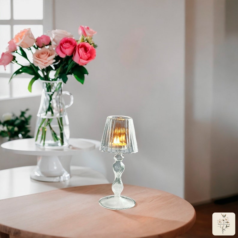 Retro Lampshade Glass Tea Light Holder, Mid Century Candle Holders, Scandinavian Candle Holder,Table Lamp Tealight Holder Vintage Candelabra zdjęcie 3