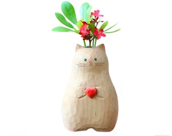 Wooden Cat Vase for Flowers, Hydroponic Vase, Figurine Vase Decor, Plant Cuttings Propagation Station, Carved Wood Vase, Bud Vase, from USA