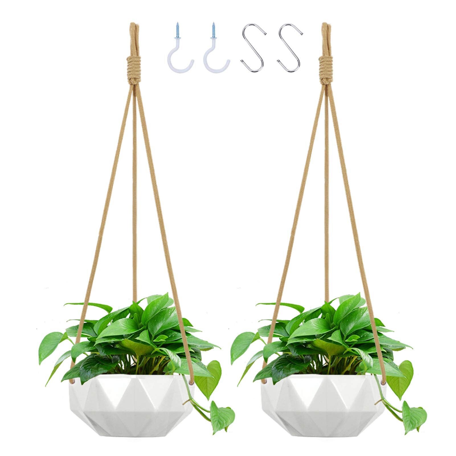 Set of 2 8 Inch Hanging Ceramic Pots Planters Plants Hanger Etsy