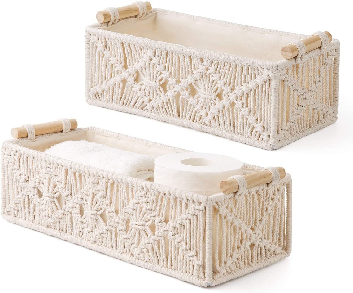 Set of 2 Ivory Macrame Storage Baskets Decor Box Handmade