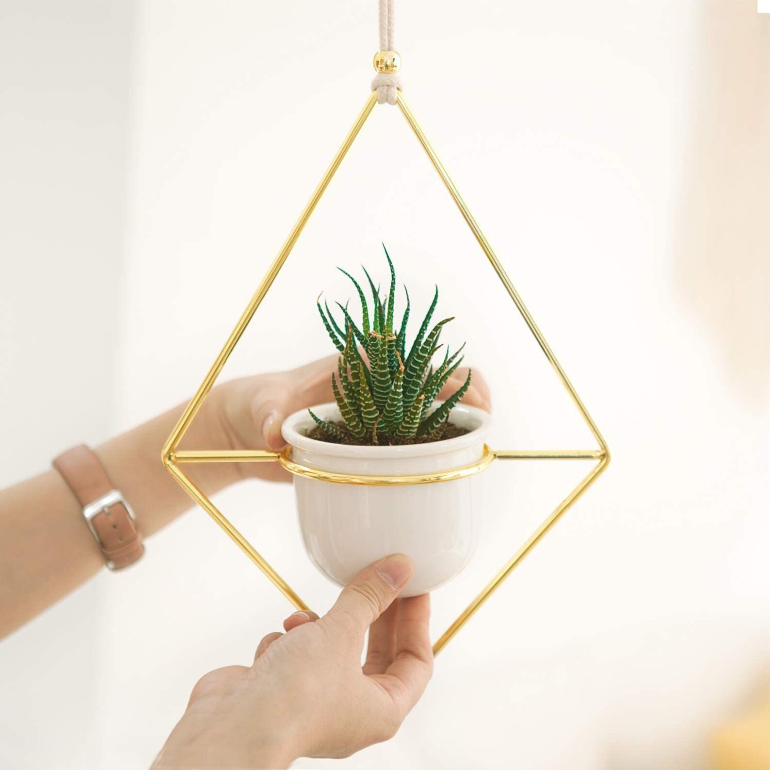 Set of 2 Gold Metal Hanging Ceramic Pots Planters Plants Etsy