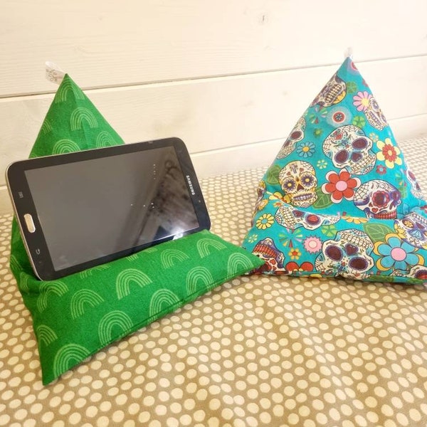 Bean bag stand for iPad Tablet Phone Kindle device, baby yoda, skulls, rainbow cotton print, handmade in Scotland