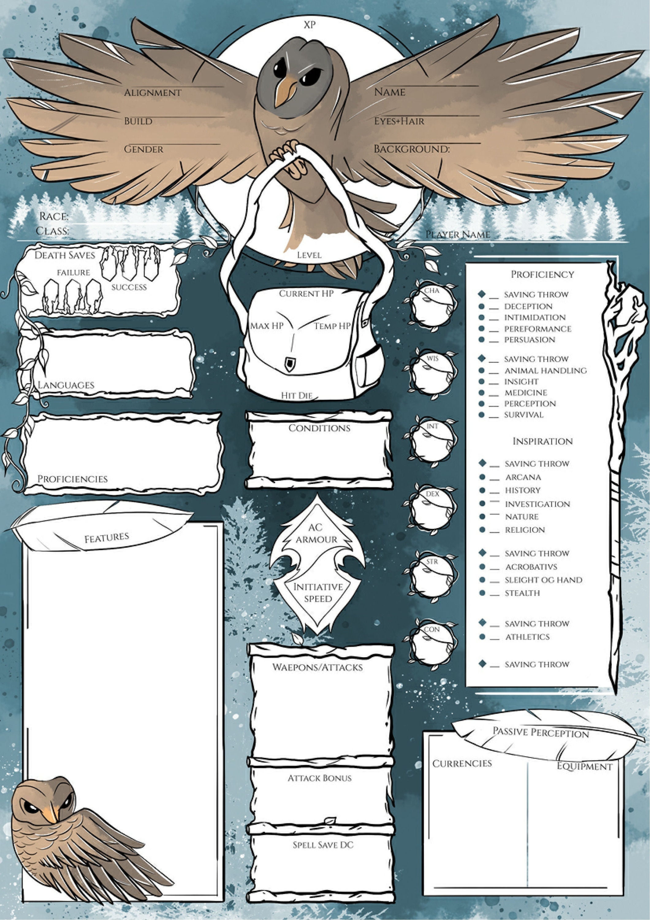 Owl Dnd Character Sheets D D 5e Ttrpg Printable Dnd Dnd Etsy Owl Dnd Character Sheets D D 5e Ttrpg Printable Dnd Dnd Etsy