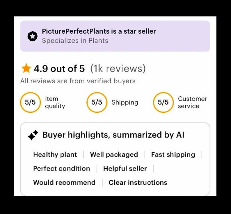 Op de afbeelding: Afbeelding van een Etsy shop review. PicturePerfectPlants, een topverkoper gespecialiseerd in planten. De shop heeft een beoordeling van 4,9 van de 5 sterren op basis van 1.000 beoordelingen. Kopers highlights zijn gezonde planten, goed verpakt en snelle verzending.