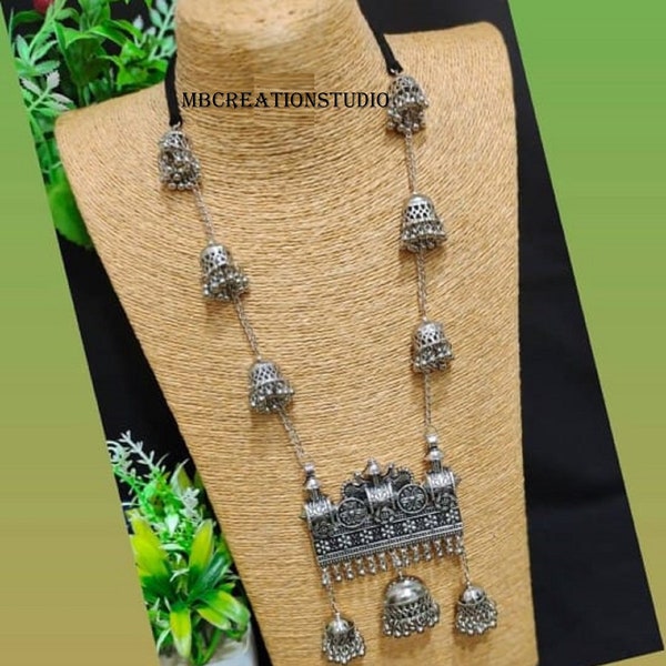 Afghani Silver Statement Necklace, Tribal Long Necklace, German silver Jewelry, Indian Jewelry, Free shipping