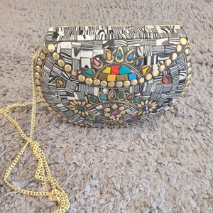 Premium Mosaic Stone Design Metal Shoulder Bag, Party, Luxury Design Sling Chain Bags, Bollywood Style Indian Handmade Bags, Free Shipping