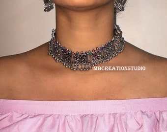IndoTribe Tribal Necklace Choker Indian Jewelry for Women Handpainted Blue Indian Necklace for Women Tribal Jewelry Tribal Choker Oxidized Indian Jewelry for Girls Indian Choker Necklace for Women