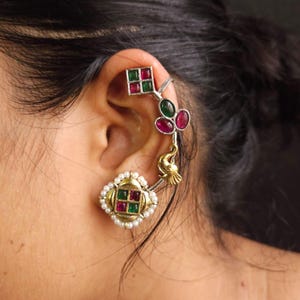 Newly Celebrity Inspired Dual Tone Premium Stone Ear cuff Earring, Indian Jewelry, Kaanphool, Indo-Wetern, Bugadi, Gift for Her, USA