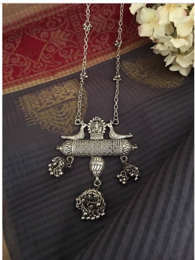 Afgani Jewelry, Boho statement Jewelry, Silver oxidised necklace set, Indian Jewelry, Peacock necklace, German silver Jewelry, Free shipping image 4